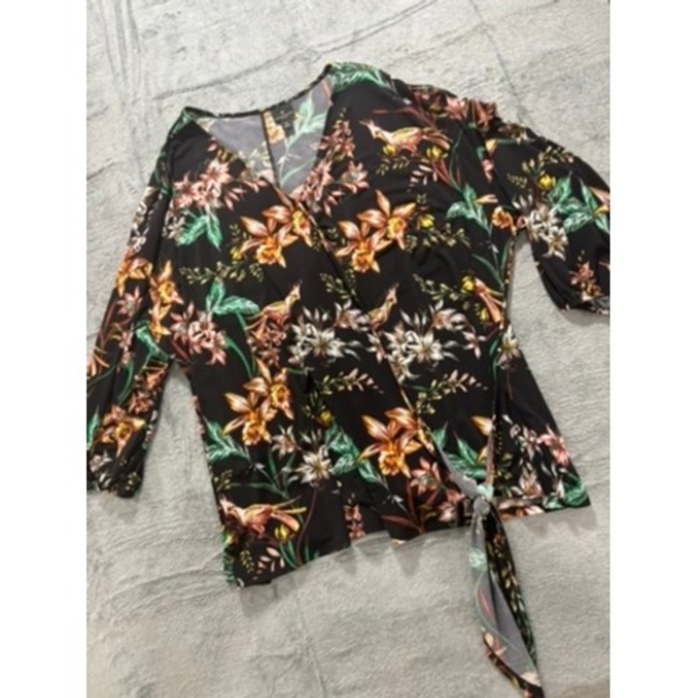 Worthington Blouse Womens 3X Floral Wrap Top Tie Waist V Neck‎ Stretch Office